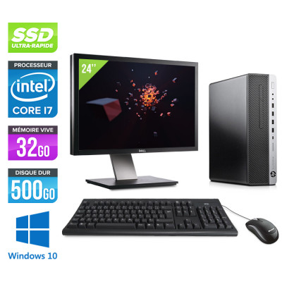 Pack PC de bureau avec écran 24" HP EliteDesk 800 G3 SFF reconditionné - i7 - 32Go DDR4 - 500 Go SSD - Windows 10